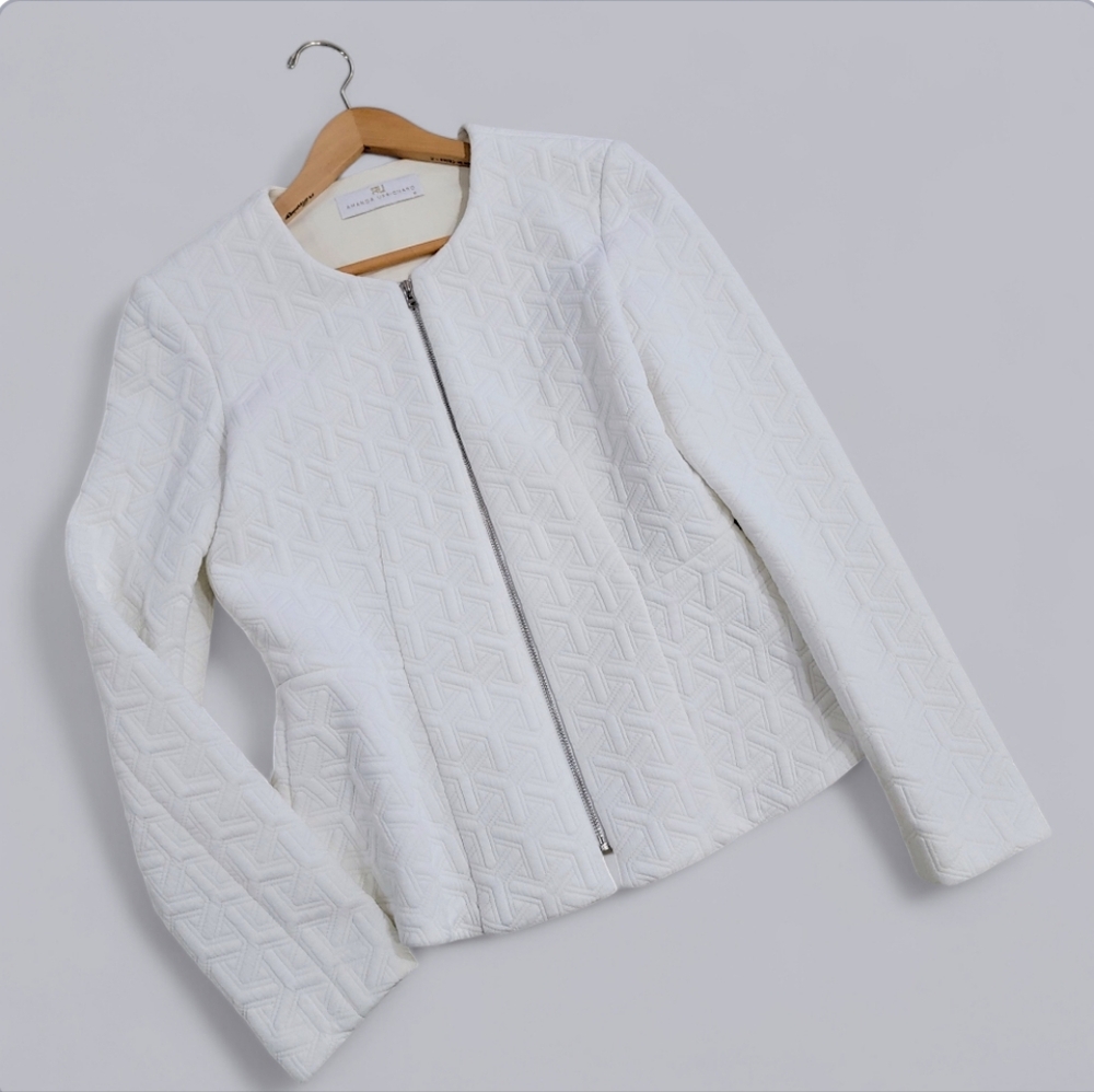 Amanda Uprichard White Quilted Geometric pattern Jacket Peplum Size Medium